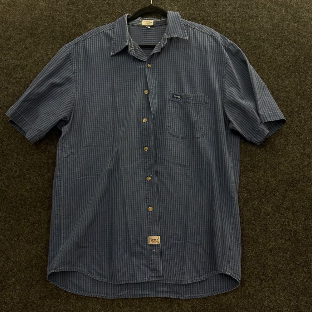 Vintage 90s Guess Mens XL Short Sleeve Button Down Shirt Striped Navy Blue Black
